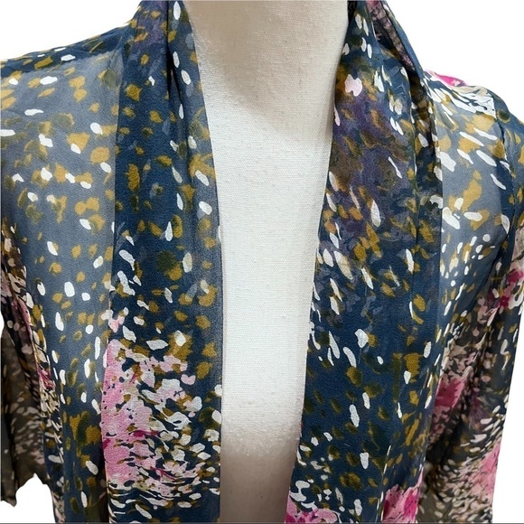 Pure Sugar 100% Silk Gray & Pink Kimono Wrap w/ Sleeves Open Front Sz XS - Picture 5 of 10